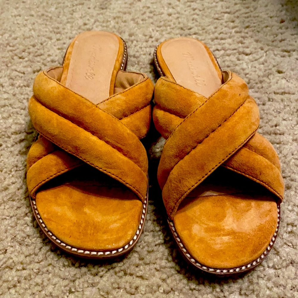 Suede Crisscross Slide Sandals in Cognac